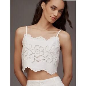 Anthropologie Cutwork Crop Top Tank White Scalloped Edge  Size XL NWT